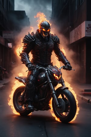 A hyper-realistic and detailed Ghost Rider suit rendered in the style of the "Alien vs. Predator" movie. The suit is made of a heavily armored, black and chrome material with flames and glowing red accents. The skull is demonic and menacing, and the motorcycle is made of a sleek, black material with flames coming out of the exhaust. Ghost Rider is riding his motorcycle through a dark and gritty city, surrounded by smoke and neon lights. He is leaving a trail of fire in his wake, ready to unleash his penance stare. Use photorealistic lighting and shadows.

