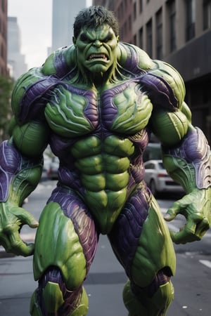 A hyper-realistic and detailed Hulk suit rendered in the style of the "Alien vs. Predator" movie. The suit is made of a heavily armored, green material with purple accents and glowing green veins. The eyes are large and expressive, and the suit is covered in veins and muscles. Hulk is standing in a city, surrounded by buildings and cars. He is roaring in anger, ready to smash everything in his path. Use physically-based rendering to create realistic lighting and materials.

