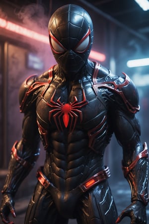 A hyper-realistic and detailed Spider-Man suit rendered in the style of the "Alien vs. Predator" movie. The suit is made of a sleek, black, and metallic material with biomechanical elements and glowing red accents. The eyes are large and expressive, and the web shooters are integrated into the wrists. Spider-Man is standing in a dark and gritty alleyway, surrounded by smoke and neon lights. He is crouched in a ready position, ready to spring into action. Render in Octane with high-quality materials and textures. Use photorealistic lighting and shadows.

