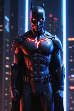 A hyper-realistic and detailed Batman Beyond suit rendered in the style of the "Matrix" movie. The suit is made of a sleek, black and red material with futuristic technology and glowing blue accents. The cowl is sleek and aerodynamic, and the suit is equipped with various weapons and gadgets. Batman Beyond is standing in a futuristic city, surrounded by skyscrapers and neon lights. He is gliding through the air, ready to fight crime. Use physically-based rendering to create realistic lighting and materials.


