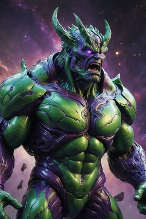 A hyper-realistic and detailed bio-technological Cosmic Hulk suit rendered in the style of a distant galaxy. The suit is made of a heavily armored, green and purple material with cosmic energy accents and intricate circuitry. The eyes are large and expressive, and the suit is covered in veins and muscles. Cosmic Hulk is standing on a shattered planet, surrounded by cosmic energy and alien creatures. He is roaring in anger, ready to unleash his cosmic power. Use photorealistic lighting and shadows with a cosmic aesthetic.

