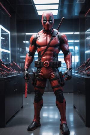 A hyper-realistic and detailed bio-technological Deadpool suit rendered in the style of a secret laboratory. The suit is made of a sleek, red and black material with bio-luminescent accents and intricate circuitry. The mask is sleek and aerodynamic, and the suit is equipped with various advanced weapons and gadgets. Deadpool is standing in a secret laboratory, surrounded by scientists and high-tech equipment. He is holding a pair of katanas, ready to slice and dice his enemies. Use particle effects and explosions to create a sense of action.

