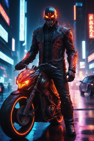 A hyper-realistic and detailed bio-technological Ghost Rider suit rendered in the style of a futuristic cityscape. The suit is made of a sleek, black and red material with bio-luminescent accents and intricate circuitry. The skull is demonic and menacing, and the motorcycle is made of a sleek, black material with flames coming out of the exhaust. Ghost Rider is riding his motorcycle through a futuristic city, surrounded by neon lights and digital rain. He is leaving a trail of fire in his wake, ready to unleash his penance stare. Use photorealistic lighting and shadows with a cyberpunk aesthetic.

