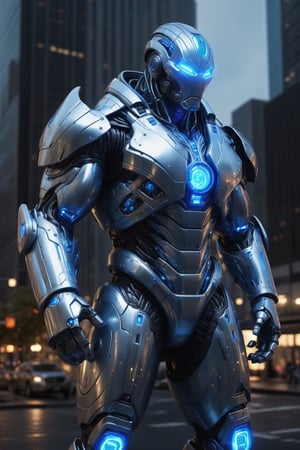 A hyper-realistic and detailed bio-technological Colossus suit rendered in the style of a futuristic city. The suit is made of a heavily armored, metallic material with glowing blue accents and intricate circuitry. The eyes are large and expressive, and the suit is covered in metal plates and hydraulics. Colossus is standing in a futuristic city, surrounded by skyscrapers and neon lights. He is flexing his muscles, ready to show off his strength. Use physically-based rendering to create realistic lighting and materials.

