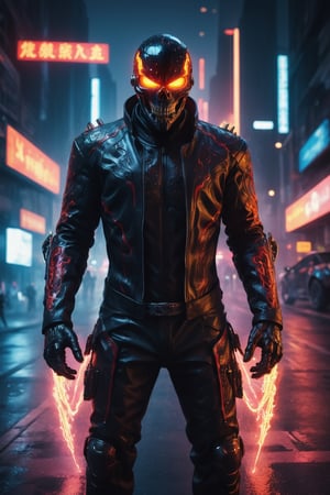 A hyper-realistic and detailed bio-technological Ghost Rider suit rendered in the style of a futuristic cityscape. The suit is made of a sleek, black and red material with bio-luminescent accents and intricate circuitry. The skull is demonic and menacing, and the motorcycle is made of a sleek, black material with flames coming out of the exhaust. Ghost Rider is riding his motorcycle through a futuristic city, surrounded by neon lights and digital rain. He is leaving a trail of fire in his wake, ready to unleash his penance stare. Use photorealistic lighting and shadows with a cyberpunk aesthetic.

