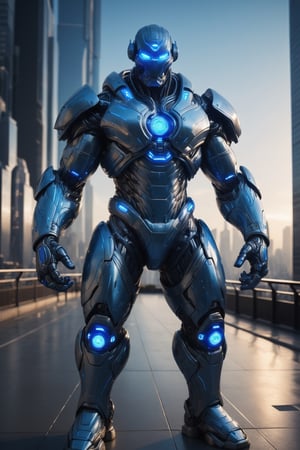 A hyper-realistic and detailed bio-technological Colossus suit rendered in the style of a futuristic city. The suit is made of a heavily armored, metallic material with glowing blue accents and intricate circuitry. The eyes are large and expressive, and the suit is covered in metal plates and hydraulics. Colossus is standing in a futuristic city, surrounded by skyscrapers and neon lights. He is flexing his muscles, ready to show off his strength. Use physically-based rendering to create realistic lighting and materials.

