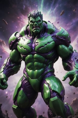 A hyper-realistic and detailed bio-technological Cosmic Hulk suit rendered in the style of a distant galaxy. The suit is made of a heavily armored, green and purple material with cosmic energy accents and intricate circuitry. The eyes are large and expressive, and the suit is covered in veins and muscles. Cosmic Hulk is standing on a shattered planet, surrounded by cosmic energy and alien creatures. He is roaring in anger, ready to unleash his cosmic power. Use photorealistic lighting and shadows with a cosmic aesthetic.

