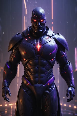 A hyper-realistic and detailed Darkseid suit rendered in the style of the "Matrix" movie. The suit is made of a heavily armored, black and purple material with Apokoliptian symbols and glowing red accents. The eyes are large and menacing, and the suit is covered in Apokoliptian technology. Darkseid is standing in a simulated city, surrounded by digital rain and glitches. He is floating towards the enemy, ready to unleash his Omega Beams. Use physically-based rendering to create realistic lighting and materials.


