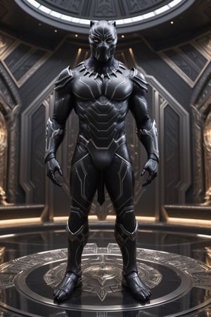 A hyper-realistic and detailed bio-technological Black Panther suit rendered in the style of a Wakandan throne room. The suit is made of a sleek, black and silver material with vibranium accents and intricate circuitry. The helmet is sleek and aerodynamic, and the suit is equipped with various advanced technology. Black Panther is standing in a Wakandan throne room, surrounded by royal guards and advanced technology. He is holding a vibranium spear, ready to protect his kingdom. Use physically-based rendering to create realistic lighting and materials.

