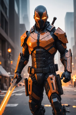 A hyper-realistic and detailed Deathstroke suit rendered in the style of the "Matrix" movie. The suit is made of a heavily armored, orange and black material with tactical elements and glowing orange accents. The mask is sleek and aerodynamic, and the suit is equipped with various weapons and gadgets. Deathstroke is standing in a simulated city, surrounded by buildings and cars. He is wielding his swords, ready to slice and dice his enemies. Use particle effects and explosions to create a sense of action.

