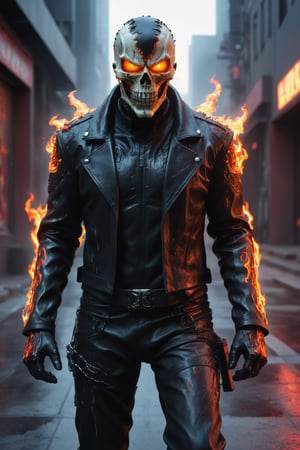 A hyper-realistic and detailed Ghost Rider suit rendered in the style of the "Matrix" movie. The suit is made of a black leather material with glowing red accents and a demonic skull. The motorcycle is made of a sleek, black material with flames coming out of the exhaust. Ghost Rider is riding his motorcycle through a simulated city, surrounded by digital rain and glitches. He is leaving a trail of fire in his wake, ready to unleash his penance stare. Use photorealistic lighting and shadows with a cyberpunk aesthetic.

