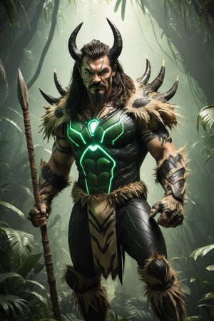 A hyper-realistic and detailed bio-technological Kraven the Hunter suit rendered in the style of a dense jungle. The suit is made of a sleek, black and green material with bio-luminescent accents and intricate circuitry. The eyes are large and expressive, and the suit is covered in fur and claws. Kraven the Hunter is standing in a dense jungle, surrounded by ancient ruins and exotic wildlife. He is holding a spear, ready to hunt his prey. Use photorealistic lighting and shadows with a jungle aesthetic.

