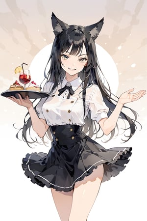 masterpiece, best quality, aesthetic,a mature girl,black-hair,smooth straight hair,wolf ears,waitress uniform ,facing viewer,full_body, seductive_pose, smirk