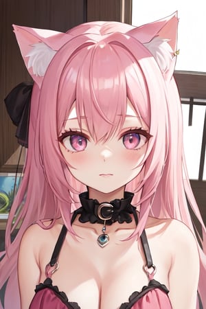 masterpiece, best quality, aesthetic, a girl facing viewer,pink hair,cat ears,
