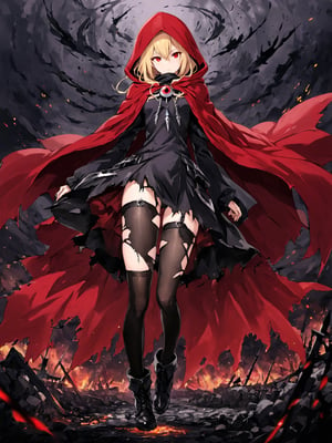 blunt colour, full_body, 
//Character, Evileye (Overlord), 1 girl, solo, blonde hair, red eyes, hair between eyes, small breasts,full_body,
//Fashion,  hood, black dress, torn clothes, covered navel, red cloak, hooded cloak, black thighhighs, torn thighhighs, boots, black footwear,
//Background, battlefield,
//Others, illustration, 
,Evileye \(overlord\)