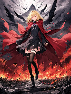 blunt colour, full_body, 
//Character, Evileye (Overlord), 1 girl, solo, blonde hair, red eyes, hair between eyes, small breasts,full_body, dynamic pose,
//Fashion,  hood, black dress, torn clothes, covered navel, red cloak, hooded cloak, black thighhighs, torn thighhighs, boots, black footwear,
//Background, battlefield,
//Others, illustration, 
,Evileye \(overlord\)