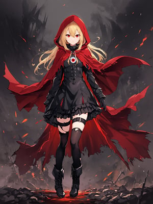 blunt colour, full_body, 
//Character, Evileye (Overlord), 1 girl, solo, blonde hair, red eyes, hair between eyes, small breasts,full_body,
//Fashion,  hood, black dress, torn clothes, covered navel, red cloak, hooded cloak, black thighhighs, torn thighhighs, boots, black footwear,
//Background, battlefield,
//Others, illustration, 
