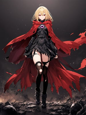 blunt colour, full_body, 
//Character, Evileye (Overlord), 1 girl, solo, blonde hair, red eyes, hair between eyes, small breasts,full_body,
//Fashion,  hood, black dress, torn clothes, covered navel, red cloak, hooded cloak, black thighhighs, torn thighhighs, boots, black footwear,
//Background, battlefield,
//Others, illustration, 
