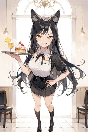 masterpiece, best quality, aesthetic,a mature girl,black-hair,smooth straight hair,wolf ears,waitress uniform ,facing viewer,full_body, smirk