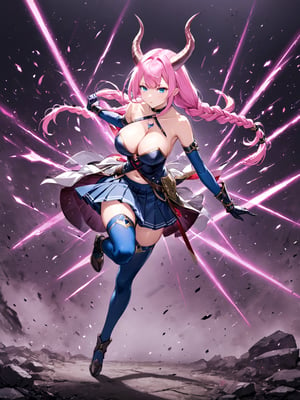 blunt colour, full_body,
//Others, illustration ,aura the guillotine \(frieren\), 1girl, blue eyes, long pink hair, braid, horns, medium breasts, jewelry, cleavage, navel, bare shoulders, elbow gloves, pleated skirt, thighhighs, battlefield , dynamic pose
