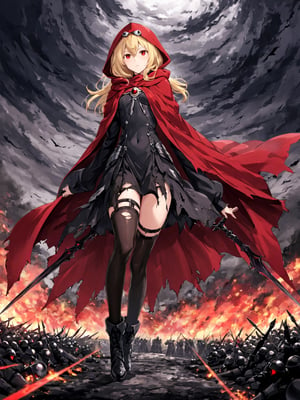 blunt colour, full_body, 
//Character, Evileye (Overlord), 1 girl, solo, blonde hair, red eyes, hair between eyes, small breasts,full_body, dynamic pose,
//Fashion,  hood, black dress, torn clothes, covered navel, red cloak, hooded cloak, black thighhighs, torn thighhighs, boots, black footwear,
//Background, battlefield,
//Others, illustration, 
,Evileye \(overlord\)