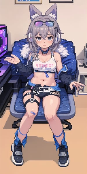 gamer, headphones, glasses,a cute girl,gameroomconcept,(1 japanese girl, solo, nerd behavior, medium breasts, wolf-headphone) playing pc video games::1.4, sitting on gamer-chair, teenager room, wolf ears
,SilverWolfV5,masterpiece, best quality, 1girl, solo, looking at viewer, shirt, gloves, closed mouth, jacket, full body, boots, shorts, choker, grey eyes, black gloves, fingerless gloves, black footwear, black jacket, black shorts, bandaid, eyewear on head,