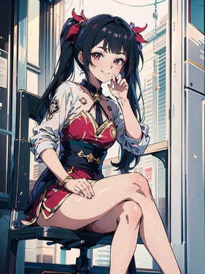 sparklehsr, smile, sitting, looking_at_viewer,masterpiece, crossed_legs, smirk, ,Redayana