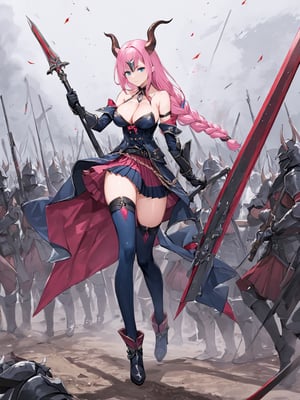 blunt colour, full_body,
//Others, illustration ,aura the guillotine \(frieren\), 1girl, blue eyes, long pink hair, braid, horns, medium breasts, jewelry, cleavage, navel, bare shoulders, elbow gloves, pleated skirt, thighhighs, battlefield 