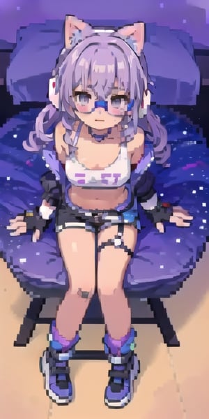 casual clothes, gamer, headphones, glasses,a cute girl,gameroomconcept,(1 japanese girl, solo, nerd behavior, long curly purple hair, focus mood, violet eyes, oversized white shirt, glasses, medium breasts, cat-headphone) playing pc video games::1.4, sitting on gamer-chair, eating snack, teenager room, close-up upper body
,SilverWolfV5,masterpiece, best quality, SilverwolfV5, 1girl, solo, looking at viewer, shirt, gloves, closed mouth, standing, jacket, full body, boots, shorts, choker, grey eyes, black gloves, fingerless gloves, black footwear, black jacket, black shorts, bandaid, eyewear on head,
