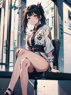 sparklehsr, smile, sitting, looking_at_viewer,masterpiece, crossed_legs, smirk, ,Redayana