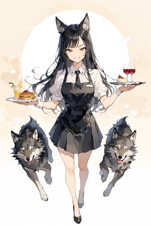 masterpiece, best quality, aesthetic,a mature girl,black-hair,smooth straight hair,wolf ears,waitress uniform ,facing viewer,full_body, smirk