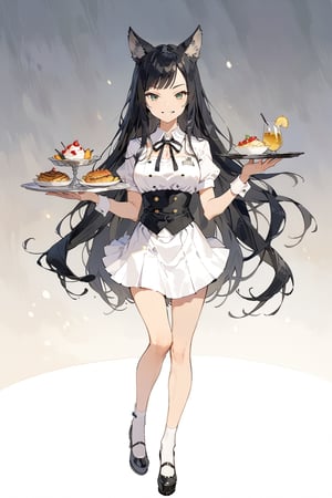 masterpiece, best quality, aesthetic,a mature girl,black-hair,smooth straight hair,wolf ears,waitress uniform ,facing viewer,full_body, smirk