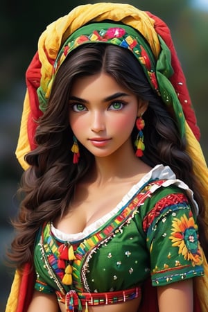 Beautiful Mexican girl,18 years old,A happy expression,Beautiful iris with high precision,green eyes, Traditional Mexican indigenous clothes,(medium breasts),(Deep cleavage),(long dark hair),smooth hair,
Wearing mix of traditional  native Mexican and African wedding costumes intricately embroidered with delicate and beautiful patterns, characterized by bright colors and fine needlework, women wear headscarves and headdresses decorated with jewels and beads, adding elegance to their ensembles, earrings, necklaces, bracelets, and other accessories. accessories, red bottoms, and fur boots,Extremely Realistic,dal