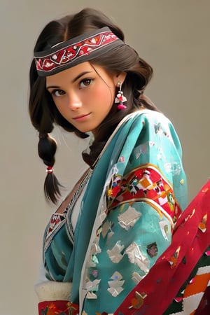 Beautiful girl,18 years old,A happy expression,Beautiful iris with high precision, hazel eyes, Traditional Mexican indigenous clothes,(small breasts),(Deep cleavage),(long dark hair),smooth hair,
Wearing mix of traditional  native Mexican and Japanese kimono wedding costumes intricately embroidered with delicate and beautiful patterns, characterized by bright colors and fine needlework, women wear headscarves and headdresses decorated with jewels and beads, adding elegance to their ensembles, earrings, necklaces, bracelets, and other accessories. accessories, red bottoms, and fur boots,Extremely Realistic,dal,