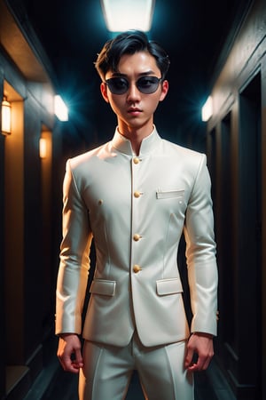 photo of handsome man, 21 year old Chinese man, (((Seraph)))  from Matrix, (standing in a dark corridor at night), epiC35mm, film grain, (freckles:0.0), full body shot, (plain background:1.6), athletic body, pale skin, (((white mao suit, sun glasses))), (short hair), black hair,      photo of perfect eyes, dark eyes, serious,