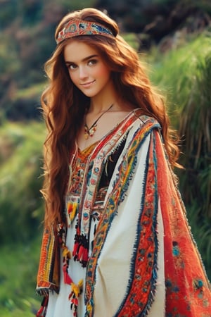 Beautiful girl,18 years old,A happy expression,Beautiful iris with high precision, hazel eyes, Traditional Armenian clothes,(flat chested),(deep cleavage),(long ginger hair),smooth hair,
Wearing mix of traditional  tahitian and Armenian wedding costumes intricately embroidered with delicate and beautiful patterns, characterized by bright colors and fine needlework, women wear headpieces decorated with jewels and beads, adding elegance to their ensembles, earrings, necklaces, bracelets, and other accessories. accessories, red bottoms, and fur boots,Extremely Realistic,dal,