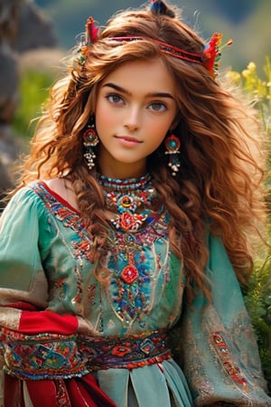 Beautiful girl,18 years old,A happy expression,Beautiful iris with high precision, hazel eyes, Traditional Armenian clothes,(flat chested),(deep cleavage),(long ginger hair),smooth hair,
Wearing mix of traditional  tahitian and Armenian wedding costumes intricately embroidered with delicate and beautiful patterns, characterized by bright colors and fine needlework, women wear headpieces decorated with jewels and beads, adding elegance to their ensembles, earrings, necklaces, bracelets, and other accessories. accessories, red bottoms, and fur boots,Extremely Realistic,dal,