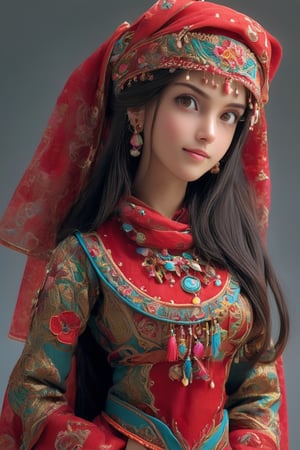Beautiful girl,18 years old,A happy expression,Beautiful iris with high precision, hazel eyes, Traditional dutch clothes,(big breasts),((())),(long dark hair),smooth hair,
Wearing mix of traditional  Dutch and Chinese wedding costumes intricately embroidered with delicate and beautiful patterns, characterized by bright colors and fine needlework, women wear headscarves and headdresses decorated with jewels and beads, adding elegance to their ensembles, earrings, necklaces, bracelets, and other accessories. accessories, red bottoms, and fur boots,Extremely Realistic,dal,