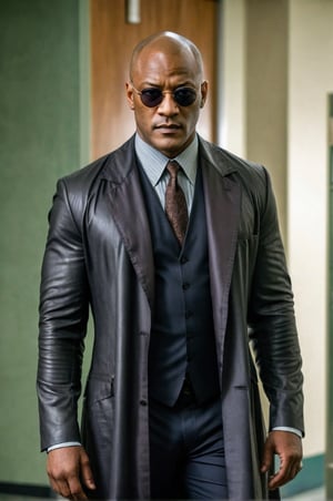 ((masterpiece, best quality)), absurdres, (Photorealistic 1.2), sharp focus, highly detailed, top quality, Ultra-High Resolution, HDR, 8K, photo of handsome man, 47 year old African-American man, (((Morpheus))) (Lawrence Fishburne:0.8) from Matrix, reimagined as a doctor))), (((E.R. soap opera style))), (standing in an E.R. room in a hospital), epiC35mm, film grain, (freckles:0.0), full body shot, (plain background:1.6), bulky body, dark skin, (((brown suit, tie, stethoscope, round sunglasses))), (slick short hair), bald,      photo of perfect eyes, dark eyes, serious,