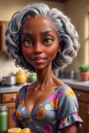 ((masterpiece, best quality)), absurdres, (Photorealistic 1.2), sharp focus, highly detailed, top quality, Ultra-High Resolution, HDR, 8K, photo of old African-American woman, 60 years old, (((Oracle  from Matrix))), (sitting in a cozy kitchen), epiC35mm, film grain, (freckles:0.0), upper body shot, (plain background:1.6), chubby body, (((big breasts))), dark wrinkled skin, (((flowered dress))), grey curly hair, detailed face, dark eyes, cool color grading, warm smile,