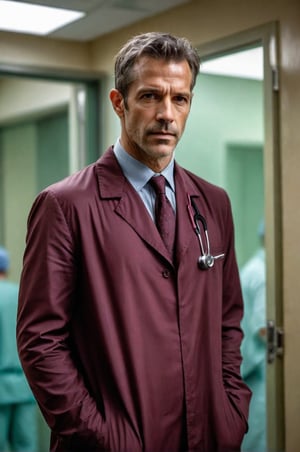 ((masterpiece, best quality)), absurdres, (Photorealistic 1.2), sharp focus, highly detailed, top quality, Ultra-High Resolution, HDR, 8K, photo of handsome man, 45 year old French man, (((Merovingiant))) (Lambert Wilson:0.8)  from Matrix, reimagined as a doctor))), (((E.R. soap opera style))), (standing in an E.R. room in a hospital),, epiC35mm, film grain, (freckles:0.0), upper body shot, (plain background:1.6), slim body, pale skin, (((burgundy suit, stethoscope))), (slick short hair combed back), black hair,      photo of perfect eyes, dark eyes, serious,