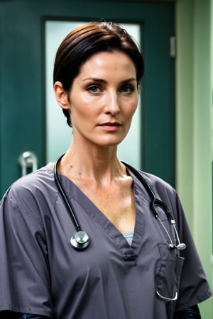 ((masterpiece, best quality)), absurdres, (Photorealistic 1.2), sharp focus, highly detailed, top quality, Ultra-High Resolution, HDR, 8K, photo of beautiful  Caucasian woman, Carrie Ann Moss, 27 years old, (((Trinity  from Matrix reimagined as a doctor))), (((E.R. soap opera style))), (standing in an E.R. room in a hospital), epiC35mm, film grain, (freckles:0.0), upper body shot, (plain background:1.6), slim body, (((small size breasts))), pale skin, (((dark grey scrub))), very short pixie slick black hair, detailed face, cute face, blue eyes, cool color grading, serious face,