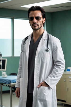 ((masterpiece, best quality)), absurdres, (Photorealistic 1.2), sharp focus, highly detailed, top quality, Ultra-High Resolution, HDR, 8K, photo of handsome man, 30 year old American man, (((Neo))) (Keanu Reeves:0.4) from Matrix, reimagined as a doctor))), (((E.R. soap opera style))), (standing in an E.R. room in a hospital),, epiC35mm, film grain, (freckles:0.0), full body shot, (plain background:1.6), athletic body, pale skin, (((long dark grey lab coat, sun glasses))), (slick short hair), black hair,      photo of perfect eyes, dark eyes, serious,