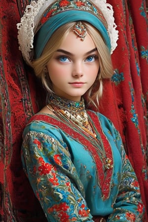 Beautiful Ukrainian girl,18 years old,A happy expression,Beautiful iris with high precision,blue eyes,Turkmenistan Chirpy,(small breasts),(Deep cleavage),(long pure white hair),smooth hair,
Wearing traditional Turkmen wedding costumes intricately embroidered with delicate and beautiful patterns, characterized by bright colors and fine needlework, women wear headscarves and headdresses decorated with jewels and beads, adding elegance to their ensembles, earrings, necklaces, bracelets, and other accessories. accessories, red bottoms, and fur boots,Extremely Realistic,dal