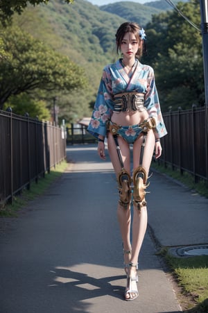 igh-resolution photo,semi-mechanical beauty, looking at viewer, brunette, hair accessory, long sleeves, holding, standing, full body, flower, outdoors, japanese clothing, hair flower, kimono, blur, obi, colored skin, belt, floral print, sandals , pale skin, wet, realistic, tabi socks, photo background, kanzashi,(((human body combined with mechanical components)))