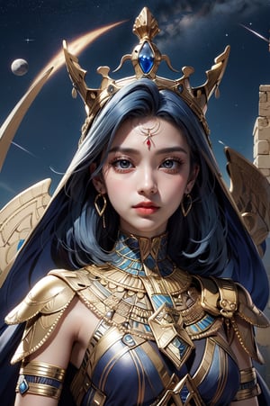 centered angle, upper body, | symetrical eyes, luminous eyes, detailed face, | 1girl, short hairstyle, (dark blue hair color:1.2), (bright eyes:1.1), | symetrical crown, egyptian, egyptian clothes, egypt godess, | egypt, piramid, ancient metropolis, aliens technology, aliens, ovnis, | stars, planets, sky, universe, | hyperealistic shadows, smooth detailed,