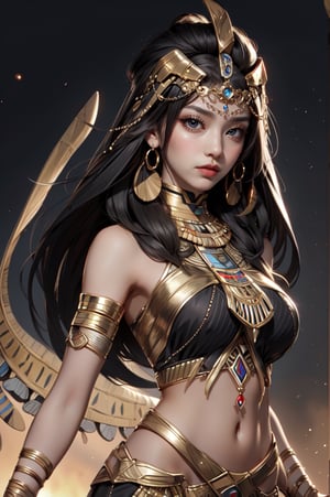 centered, upper body, standing, | masterpiece, | (red eyes), (bright eyes:1.1), glowing red eyes, | 1girl, female vampire, (solo), very long hairstyle, (black hair color:1.2), | egyptian, egyptian clothes ,egypt goddes ,egypt, seethru, egypt background, sandstorm, | bokeh, depth of field,