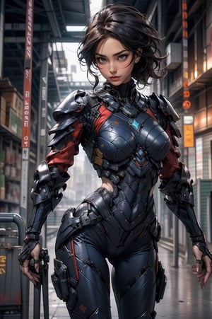 A beautiful 25 year old woman, ginger girl, hazel eyes, She has a body of a fitness model, medium breasts, glasses, serious face, hourglass body shape, slim waist, ((full-body_portrait)), darkblue color armor, armored suit, fullbody armor, ready to figth, attack position, red cloth, battle_stance,disgusted face,urban techwear