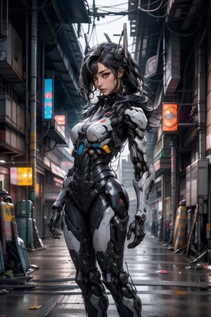 RAW photo, Best picture quality, high resolution, 8k, HDR, highres, (absurdres:1.2), realistic, sharp focus, realistic image of elegant lady, full body , Korean beauty, supermodel, pure gray long straight hair, blue eyes, wearing high-tech cyberpunk style gray mecha suit, Matte carbon color, matte suit, mecha, perfectly customized high-tech suit, ice theme, custom design, 1 girl, swordup, looking at viewer, robot, lens flare, (vibrant color:1.2)