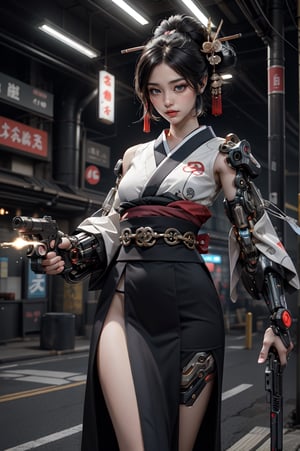 Beautiful Japanese girl, a cyber geisha girl, adorned in a traditional kimono fused with futuristic cybernetic enhancements, wielding handguns in both hands with lethal grace. Her attire combines neon lights and circuitry patterns, accentuating her deadly yet elegant presence. With cybernetic implants enhancing her reflexes, she strikes a dynamic Akimbo pose, exuding determination as she takes aim. Despite the fusion of tradition and technology, she retains the poise and sophistication of a geisha, .,dual pistols,Cyberpunk geisha, Geisha